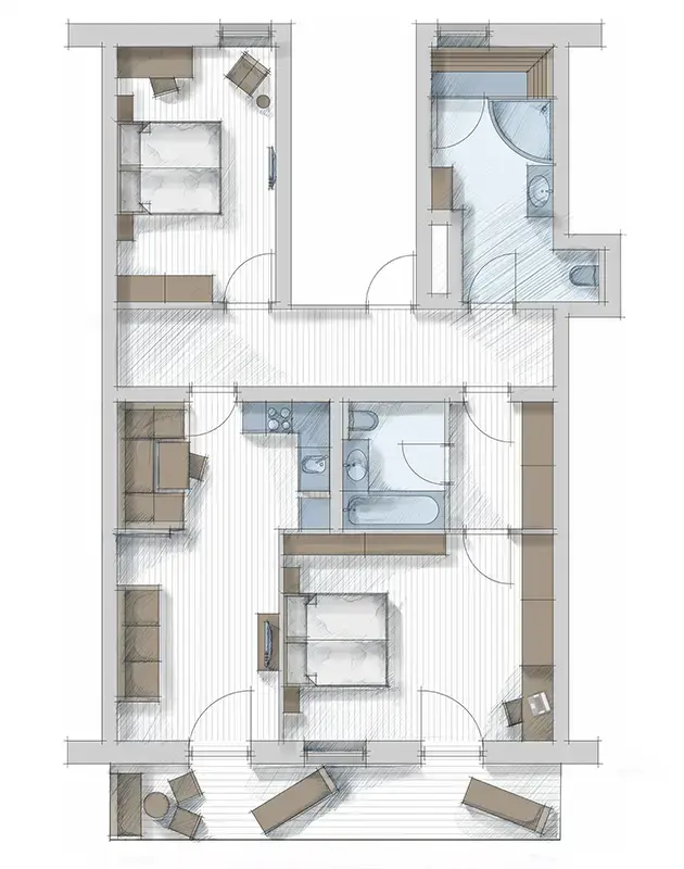 Floor plan of all rooms with 2 bathrooms and infrared sauna